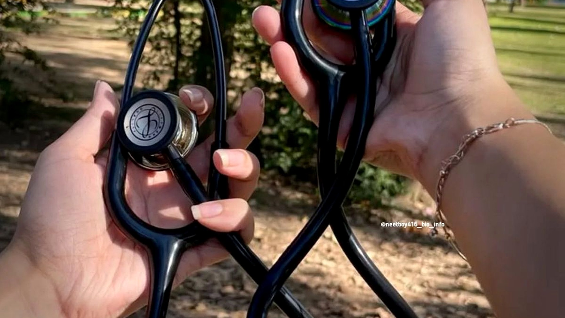 HD pair of Littmann stethoscopes held in sunlight